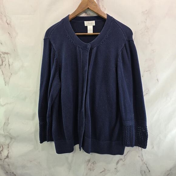 Foxcroft Sweater Womens XL Navy Cardigan Cotton Snap Button Up Crochet Sleeve - Picture 1 of 12